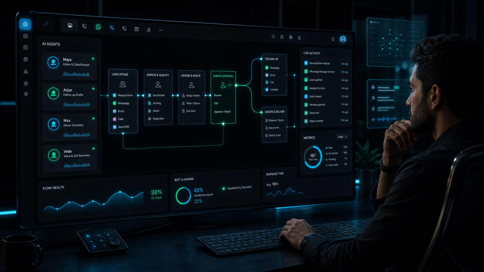 Automation workflow dashboard with AI agents coordinating lead operations